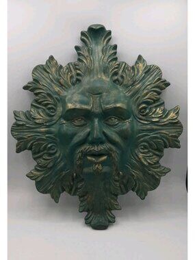 Vintage Handmade Ceramic Green Man Gold Highlights Wall Hanging Garden Man